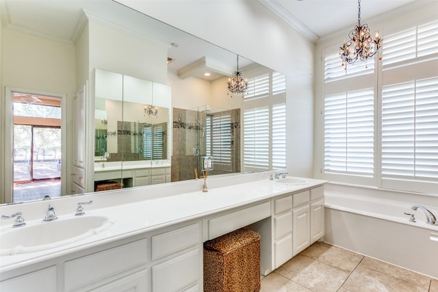 full bathroom with a chandelier, crown molding, a shower stall, and tile patterned floors