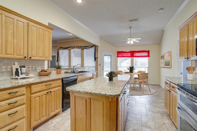 kitchen featuring double oven range, visible vents, a sink, black dishwasher, and backsplash