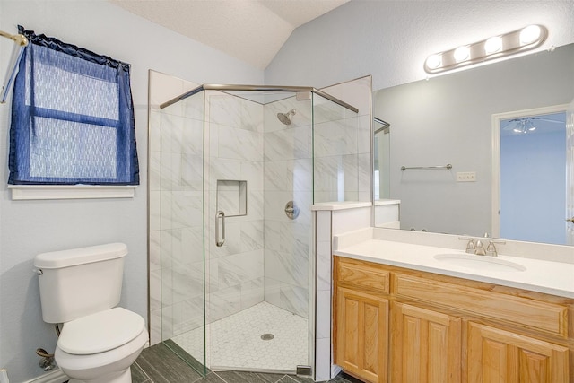 bathroom with vanity, vaulted ceiling, toilet, and a stall shower