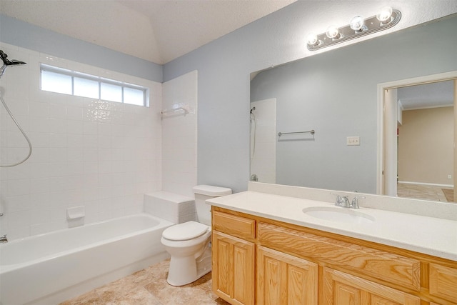 bathroom with toilet, bathtub / shower combination, vanity, and tile patterned flooring