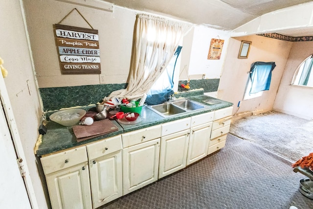 kitchen featuring dark colored carpet and a sink