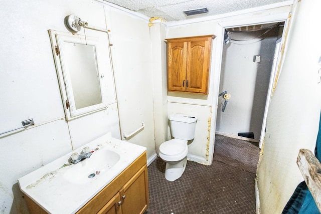 half bathroom featuring vanity, toilet, and tile patterned floors