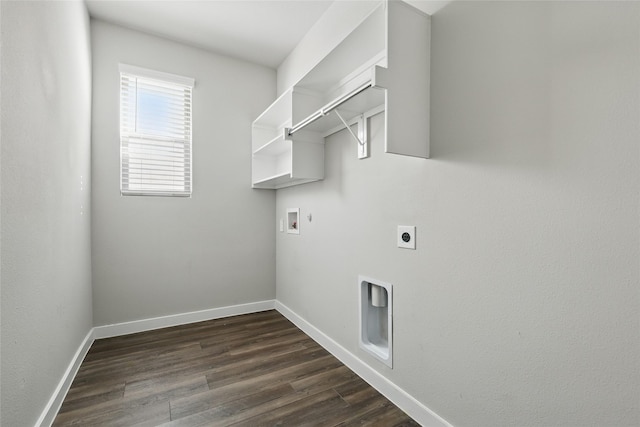 laundry room with baseboards, laundry area, hookup for a washing machine, dark wood-style floors, and hookup for an electric dryer