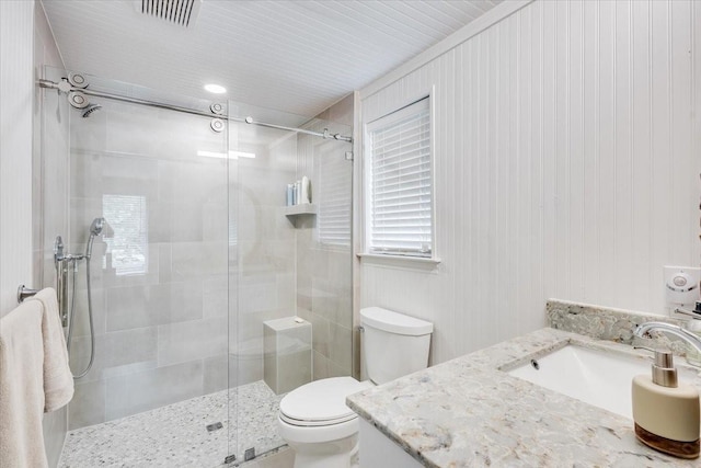 full bathroom featuring visible vents, vanity, a shower stall, and toilet