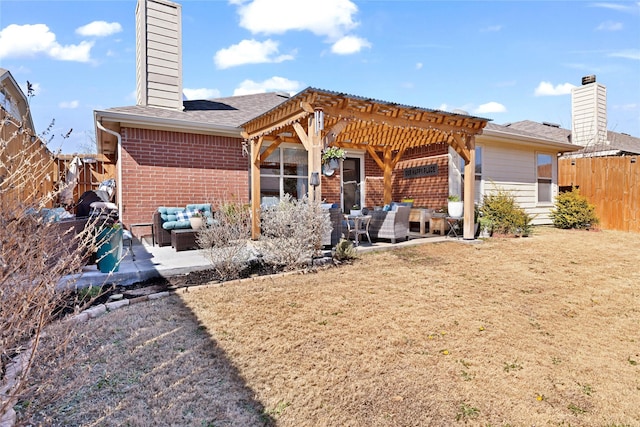 rear view of property with a chimney, fence, an outdoor living space, and a pergola