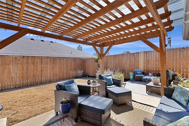 view of patio / terrace with a fenced backyard, an outdoor hangout area, and a pergola