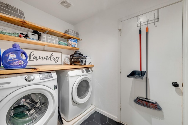 washroom featuring laundry area, dark tile patterned flooring, visible vents, baseboards, and independent washer and dryer