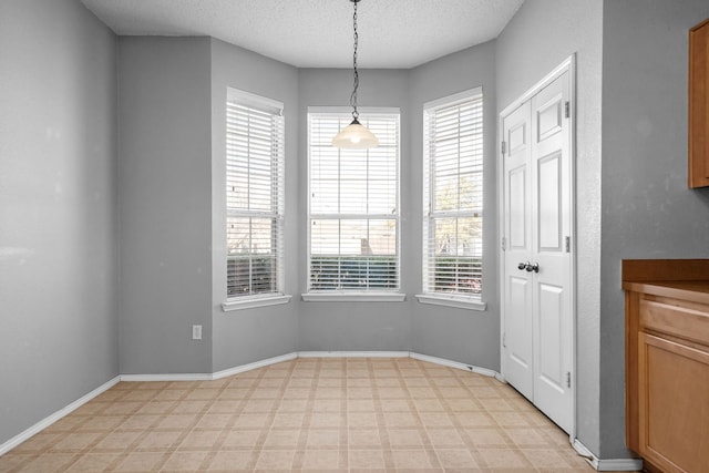 unfurnished dining area featuring light floors, baseboards, and a textured ceiling