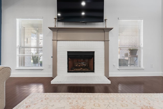 room details with a fireplace, baseboards, and wood finished floors