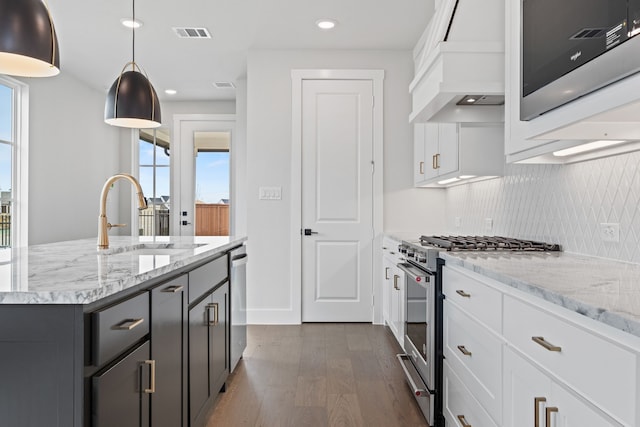 kitchen featuring stainless steel appliances, dark wood-style flooring, a sink, visible vents, and custom range hood