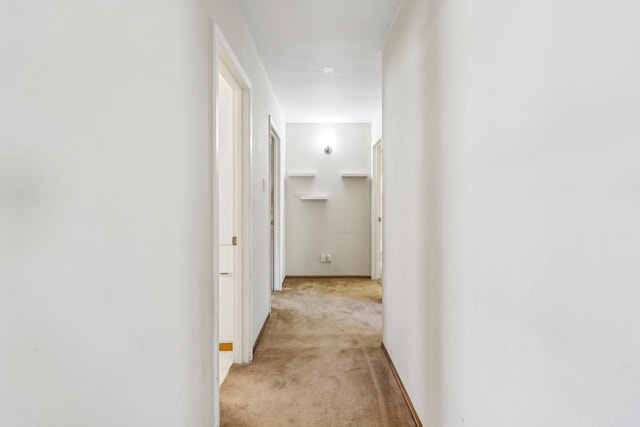 corridor featuring light colored carpet and baseboards