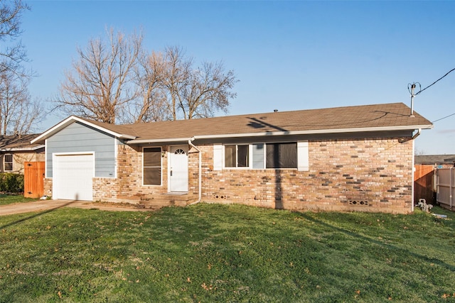 ranch-style house with driveway, an attached garage, fence, a front lawn, and brick siding