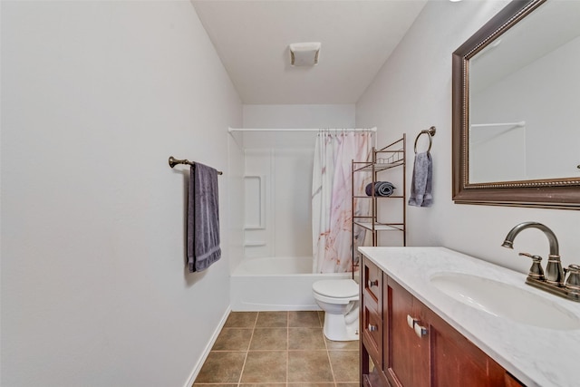 full bathroom with baseboards, toilet, shower / tub combo with curtain, tile patterned floors, and vanity