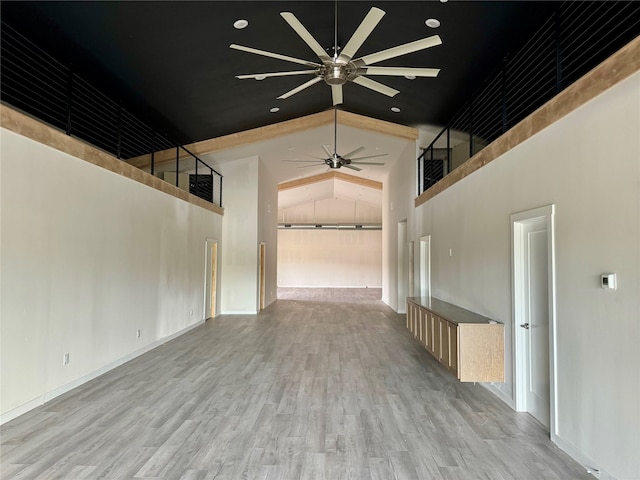 unfurnished living room with high vaulted ceiling, ceiling fan, and wood finished floors