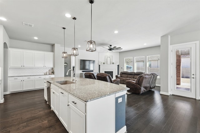 kitchen featuring dark wood-type flooring, a sink, a fireplace, decorative backsplash, and dishwasher