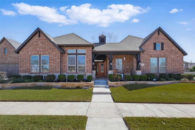 view of front facade featuring brick siding, covered porch, a shingled roof, and a front lawn