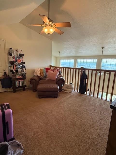 living area featuring carpet, plenty of natural light, a ceiling fan, and a textured ceiling