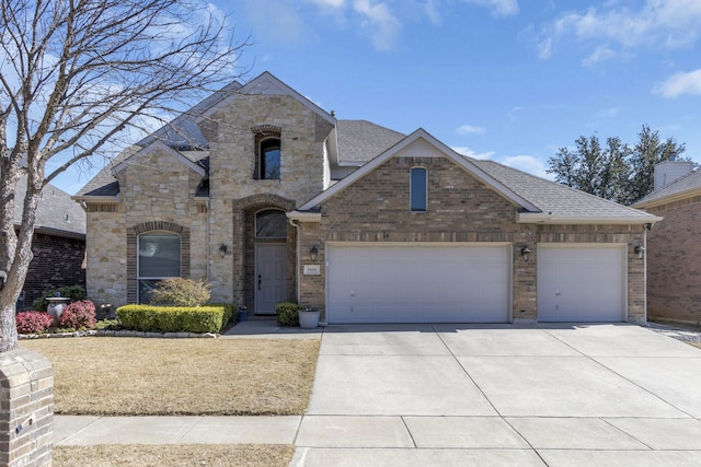 view of front facade featuring a garage, concrete driveway, a shingled roof, and brick siding