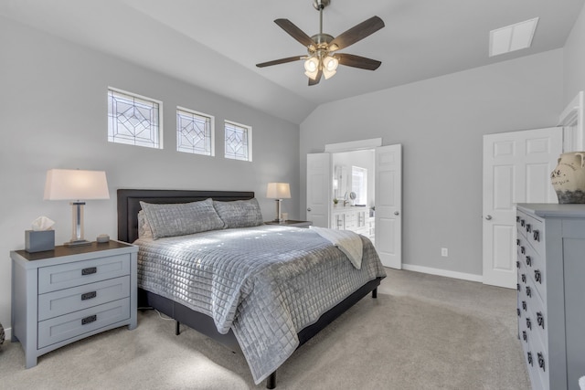 bedroom with lofted ceiling, light carpet, a ceiling fan, visible vents, and baseboards