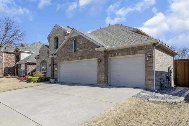 view of front of property featuring brick siding, driveway, an attached garage, and roof with shingles