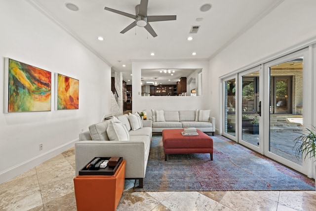 living room with baseboards, visible vents, a ceiling fan, ornamental molding, and recessed lighting