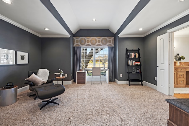 sitting room with baseboards, ornamental molding, vaulted ceiling, carpet floors, and recessed lighting