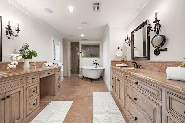 full bath with a stall shower, a soaking tub, visible vents, and crown molding