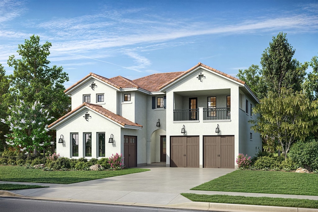 mediterranean / spanish-style house featuring concrete driveway, a balcony, a tiled roof, a front lawn, and stucco siding