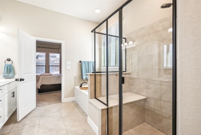 full bath featuring a wealth of natural light, a garden tub, and a shower stall