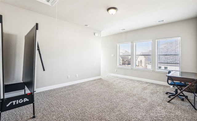 home office featuring attic access, baseboards, visible vents, and carpet flooring