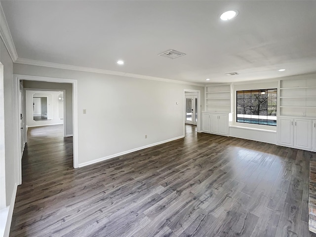 unfurnished living room featuring recessed lighting, visible vents, baseboards, dark wood-style floors, and crown molding