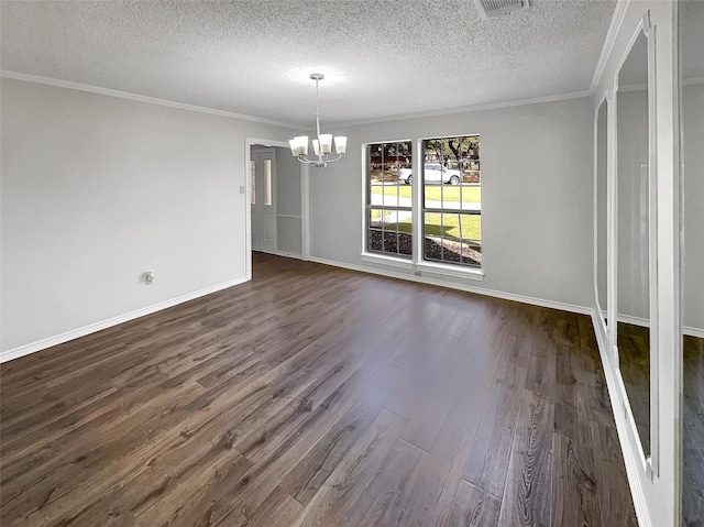 unfurnished dining area featuring a chandelier, ornamental molding, dark wood-style flooring, and baseboards