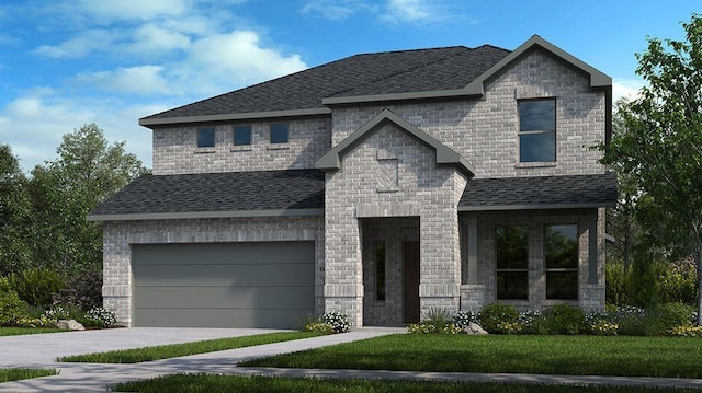 french country home with a shingled roof, brick siding, driveway, and a front lawn