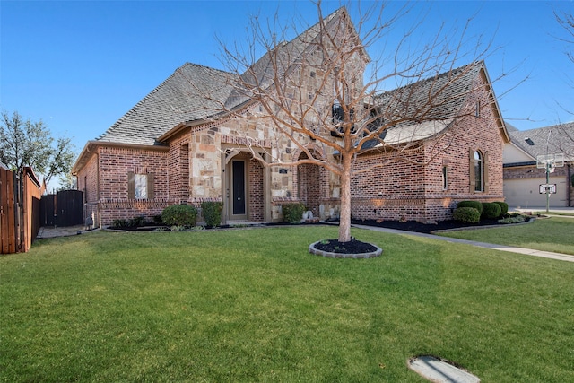 tudor home featuring a front lawn, stone siding, fence, roof with shingles, and brick siding