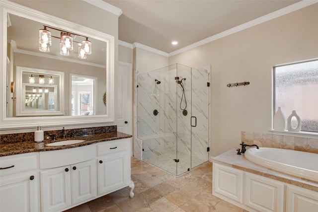 full bathroom with vanity, a garden tub, a marble finish shower, and ornamental molding