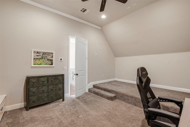 carpeted home office with baseboards, visible vents, recessed lighting, ceiling fan, and vaulted ceiling