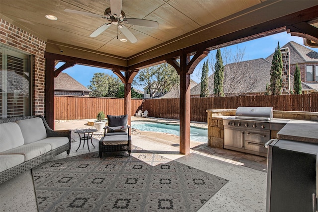 view of patio featuring an outdoor living space, a fenced in pool, a fenced backyard, area for grilling, and a ceiling fan