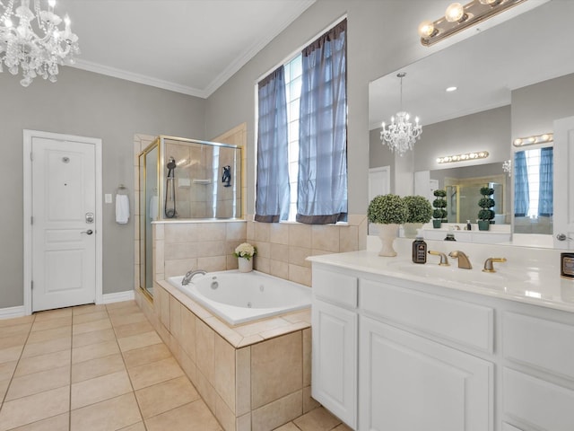 full bath featuring crown molding, a stall shower, a bath, an inviting chandelier, and tile patterned floors