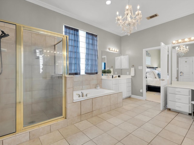 bathroom with visible vents, a notable chandelier, and crown molding