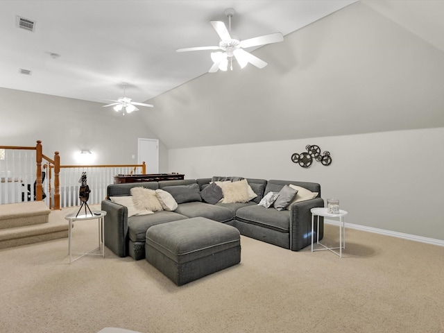 living room with visible vents, ceiling fan, carpet, baseboards, and vaulted ceiling