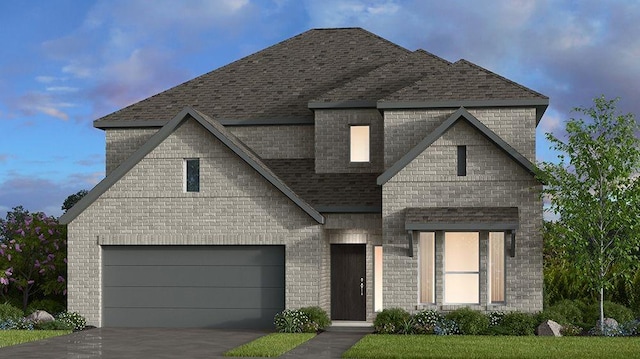 view of front of property featuring driveway, brick siding, and a shingled roof