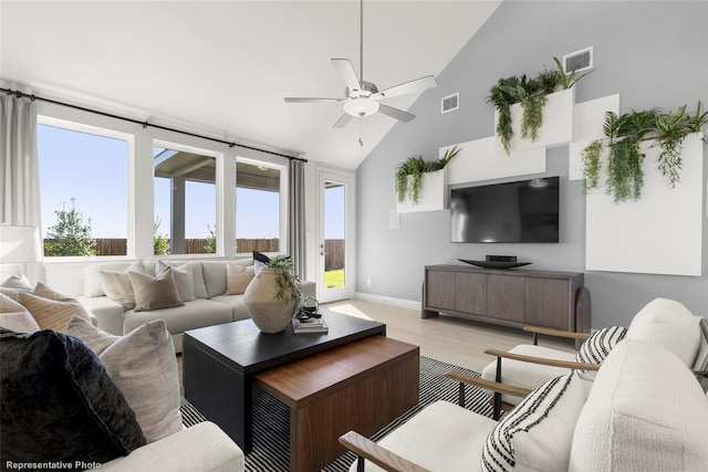 living area with ceiling fan, high vaulted ceiling, light wood finished floors, and visible vents