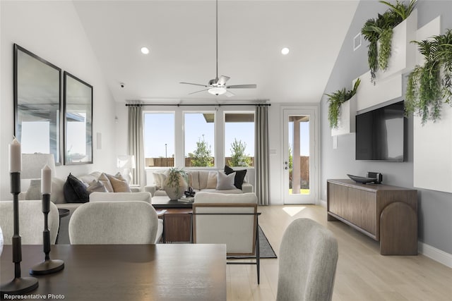 living area with ceiling fan, recessed lighting, visible vents, and light wood-style floors