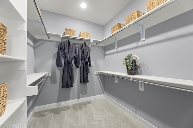 walk in closet with light carpet