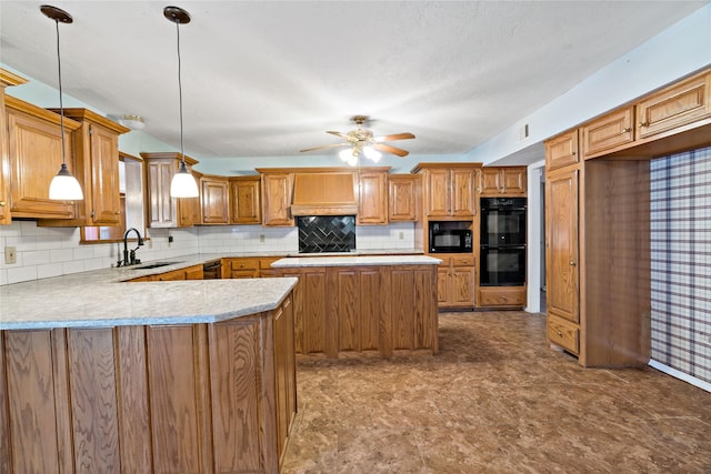 kitchen featuring a peninsula, black appliances, tasteful backsplash, brown cabinetry, and custom range hood