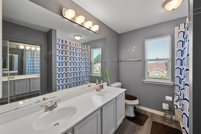 bathroom with wood finished floors, a sink, toilet, and baseboards