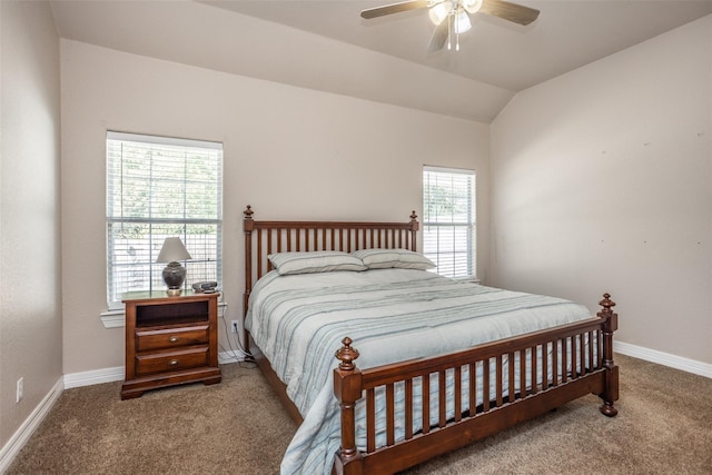 bedroom featuring a ceiling fan, lofted ceiling, carpet flooring, and baseboards