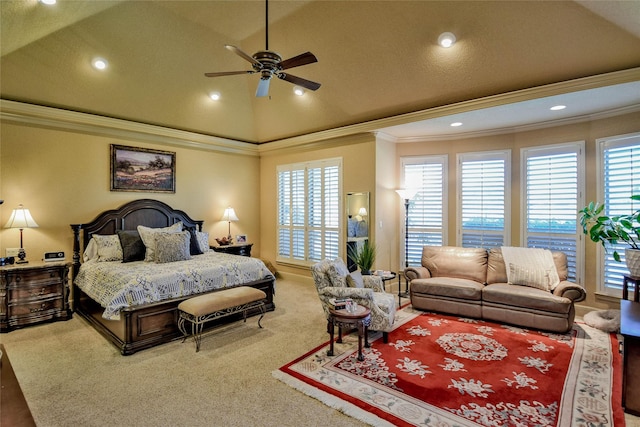 carpeted bedroom featuring lofted ceiling, multiple windows, a ceiling fan, and crown molding