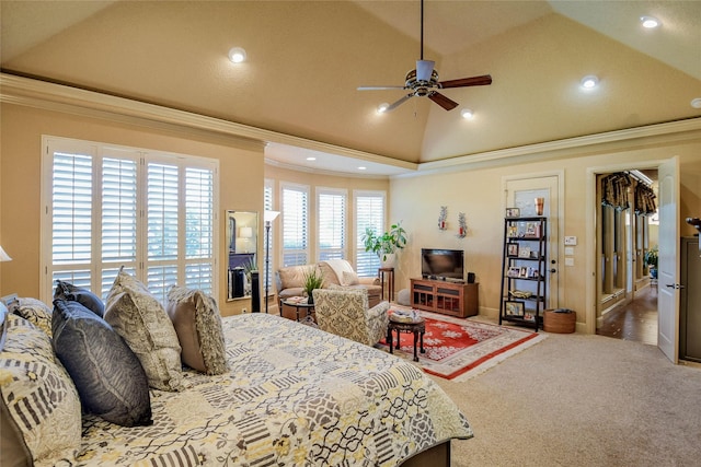 carpeted bedroom featuring lofted ceiling, recessed lighting, and crown molding