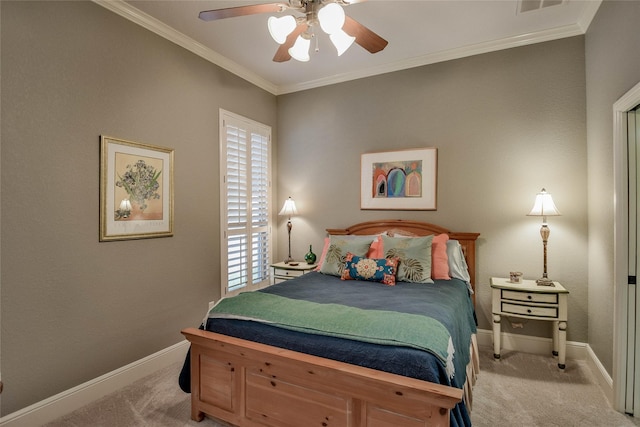 bedroom featuring ornamental molding, carpet, and baseboards